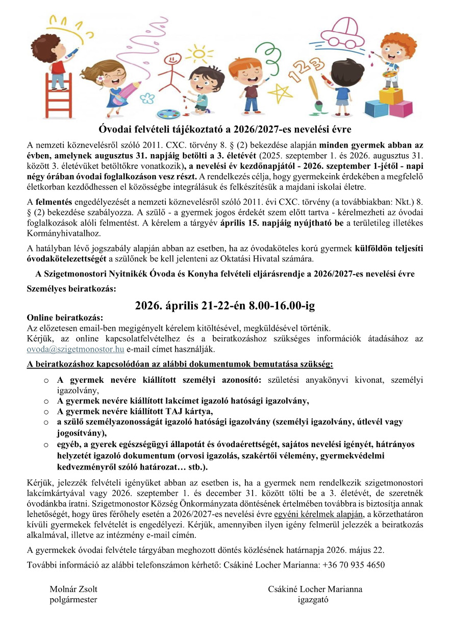 Óvodai beiratkozás a 2026/2027-es nevelési évre